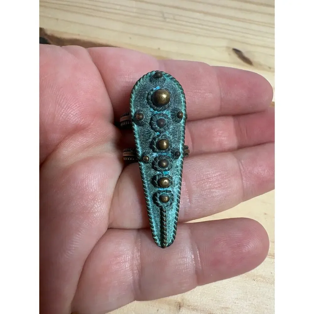 Vanessa Mooney Statement Ring Turquoise Verdigris Brass Studded Boho 2” Long